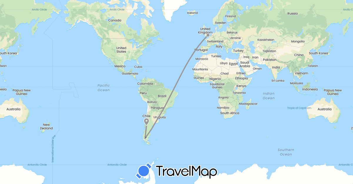 TravelMap itinerary: driving, plane in Argentina, Chile, United Kingdom (Europe, South America)